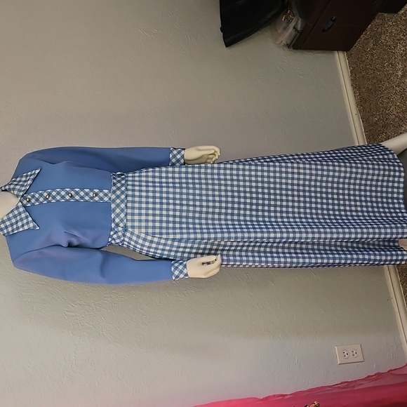 VTG JENNIFER GEE 1970s Baby Blue and White Gingham Long Sleeve Maxi Dress - Picture 2 of 11